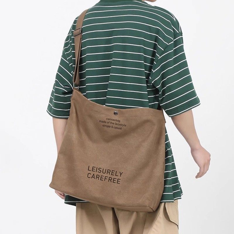 Japanese and Korean Style Simple Casual Solid Color Versatile Canvas Large Capacity Men's College Student Class Commuting Tote Crossbody Bag