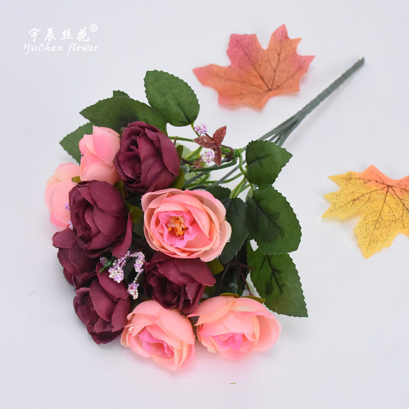 欧式10头茶玫 仿真花束 婚庆绢布家居手捧装饰假花餐桌玫瑰山茶苞