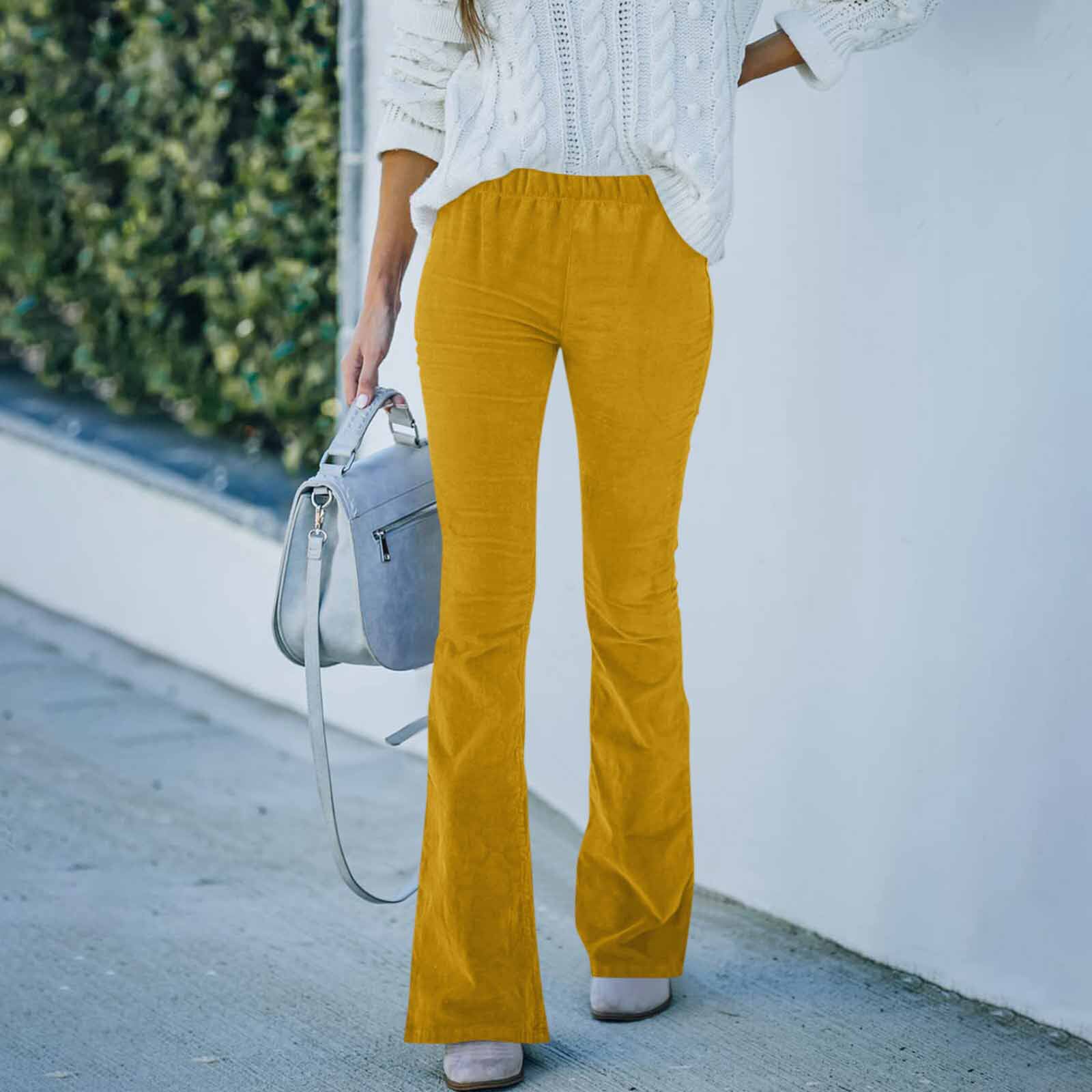 High Waisted Corduroy Slim Fit Flare Pants Solid Color Elastic Waist Casual Style Spring Summer Collection