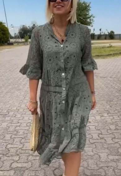 Summer Womens Dress Solid Color V Neck Button Detail Lace Insert Casual or Party Wear Wholesale Available
