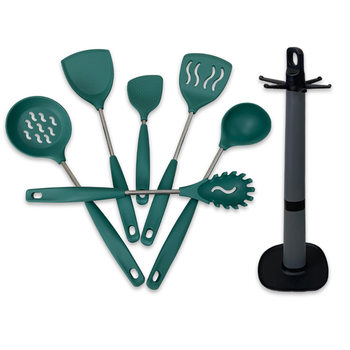 Cross-Border Silicone Spatula and Spoon 7-Piece Set, Non-Stick Silicone Spatula with Stainless Steel Handle, Kitchenware Storage Rack, Color Box Packaging