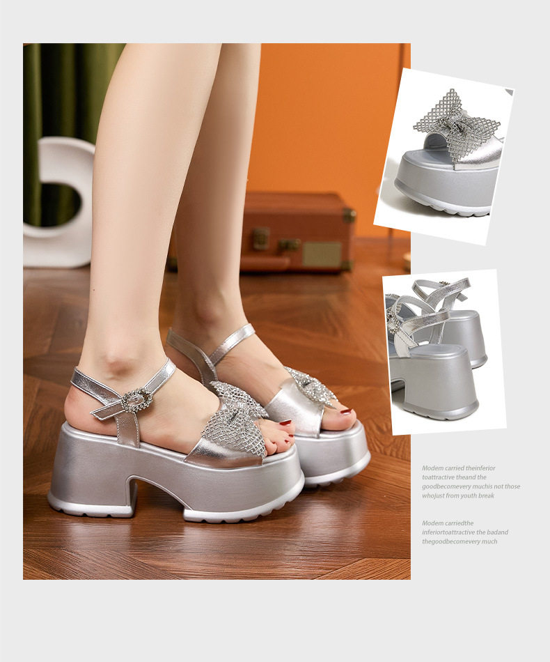 Sandal cao gót nữ hở mũi đính đá lấp lánh gót cao 9 cm — Bạc, Đen chi tiết 3