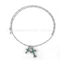 Retro silver green diamond double cross necklace