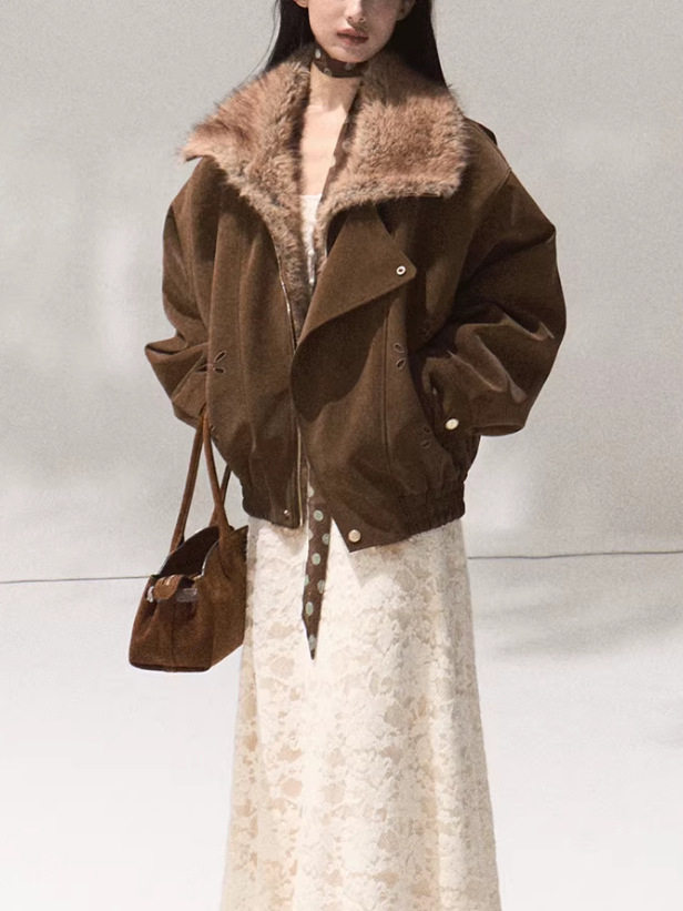 Oak and Hazelnut Winter Warm Jacket Women's Fur Collar Thick Short Jacket Lapel Top