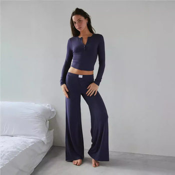 Cross-Border European and American New Fashion Casual Pure Color Slim Wide-Leg Pants Two-Piece Set