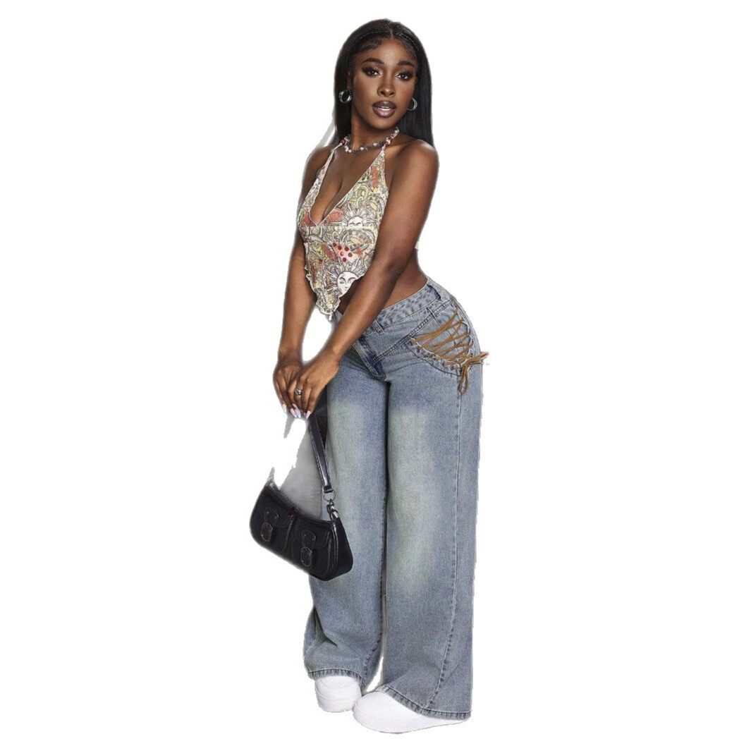 High Waisted Tie Design Denim Pants Womens Fashion European and American Style Casual Wear Wholesale Availability
