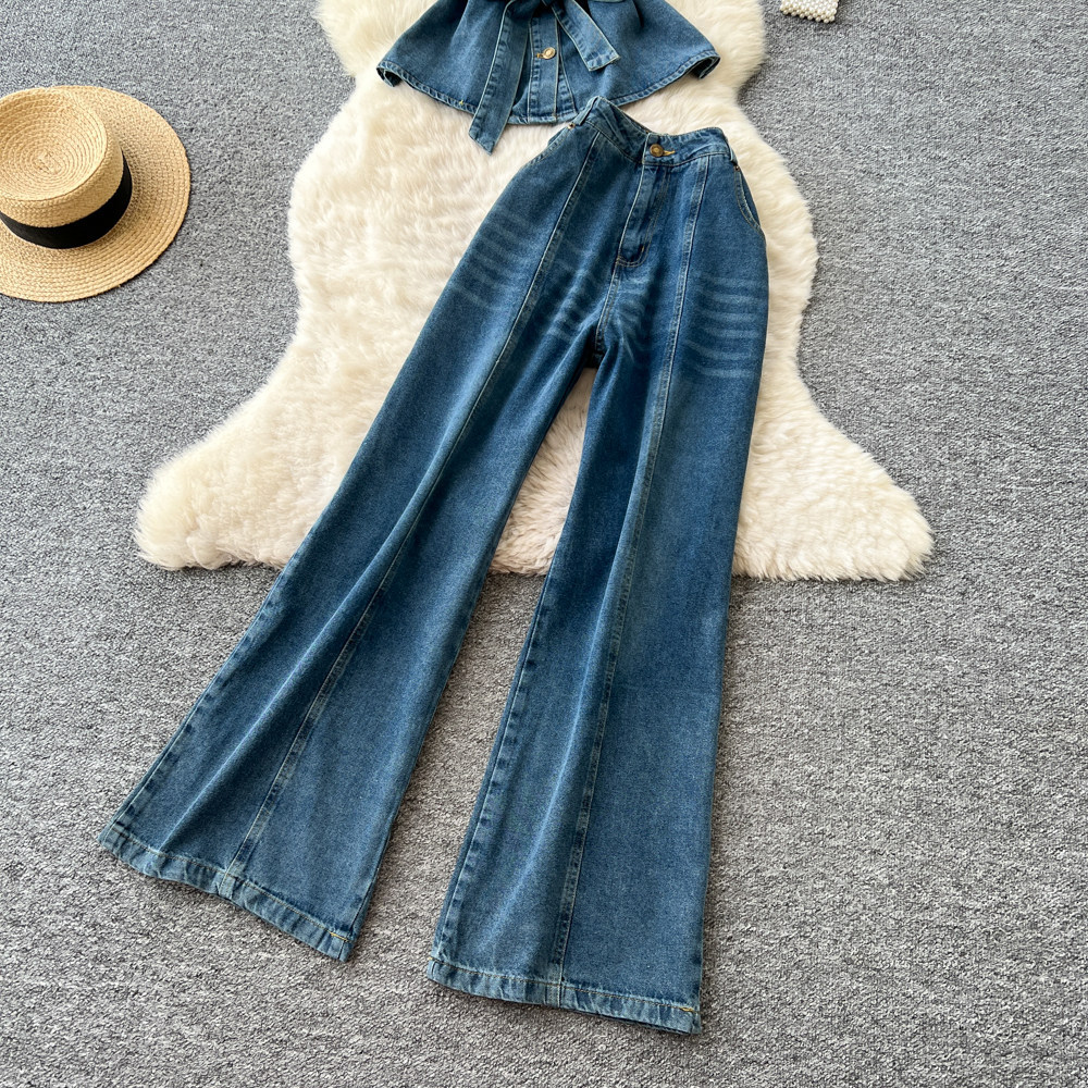 Summer Womens Denim Two Piece Set Sleeveless Slim Fit Top High Waisted Pants Casual Chic Style Wholesale Available