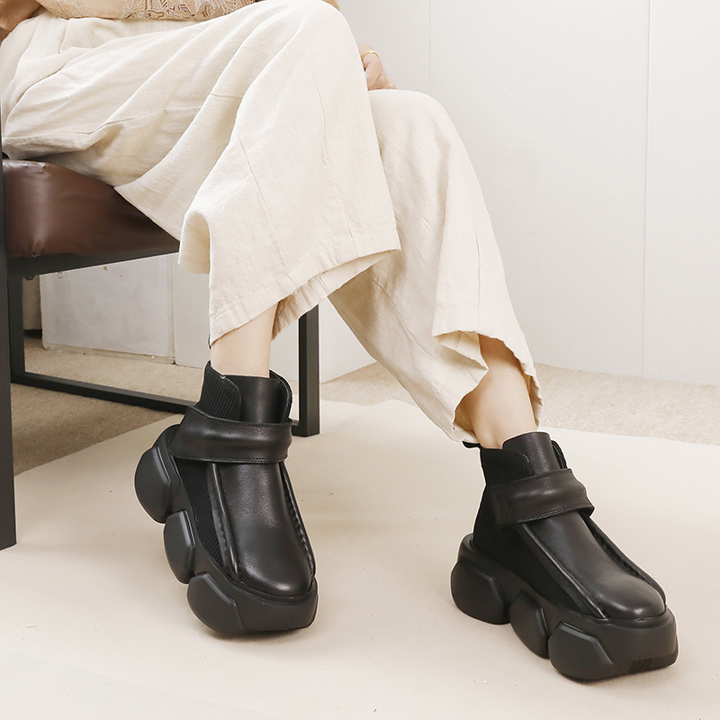 Boot nữ cổ thấp da bò thật đế dày phong cách cổ điển — Màu đen, Màu nâu đậm
