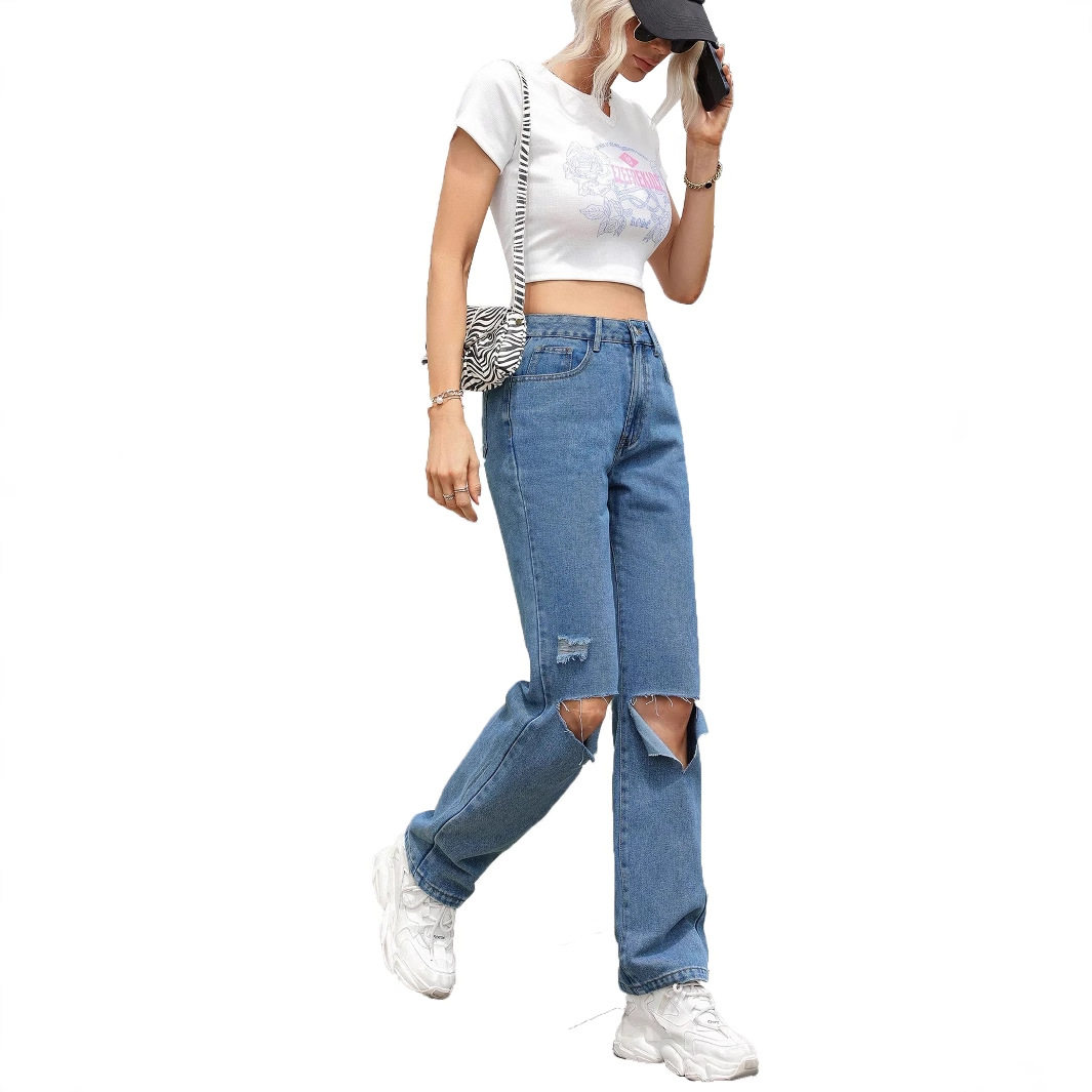 Casual Ripped Straight Leg Jeans for Women Versatile Design Comfortable Fit Trendy Style Wholesale Available