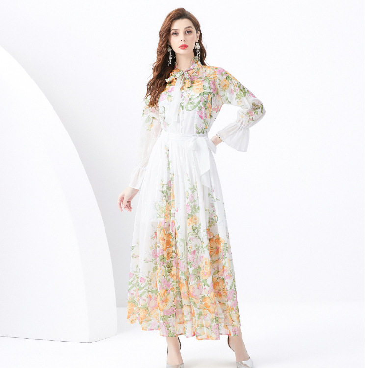 Womens Vacation Set Long Sleeve Printed Chiffon Top High Waist Maxi Skirt Stylish and Youthful Wholesale Available