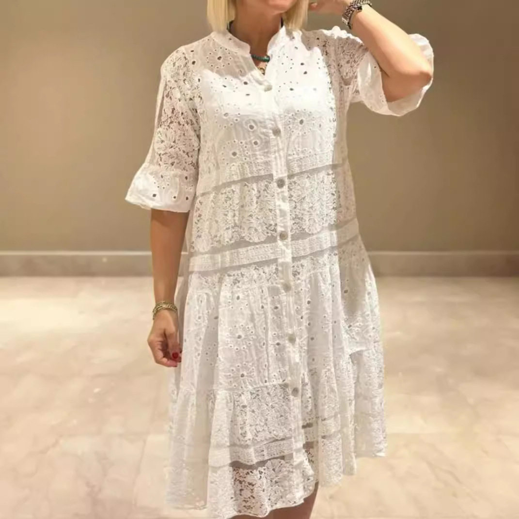 Summer Womens Dress Solid Color V Neck Button Detail Lace Insert Casual or Party Wear Wholesale Available
