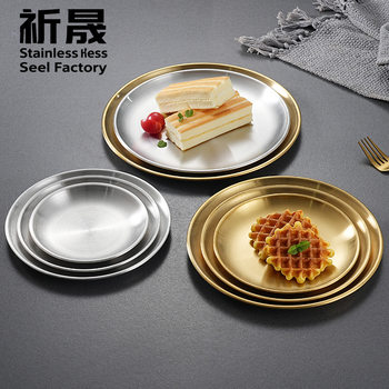 304 Stainless Steel Korean Barbecue Plate Simple Golden Round Bone Plate Steak Barbecue Plate Buffet Snack Plate