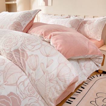 2025 New Winter Milk Velvet Bed Four-Piece Set Fleece-Lined Carved Flannel Coral Velvet Bed Bed Sheets Quilt Cover Three-Piece Set