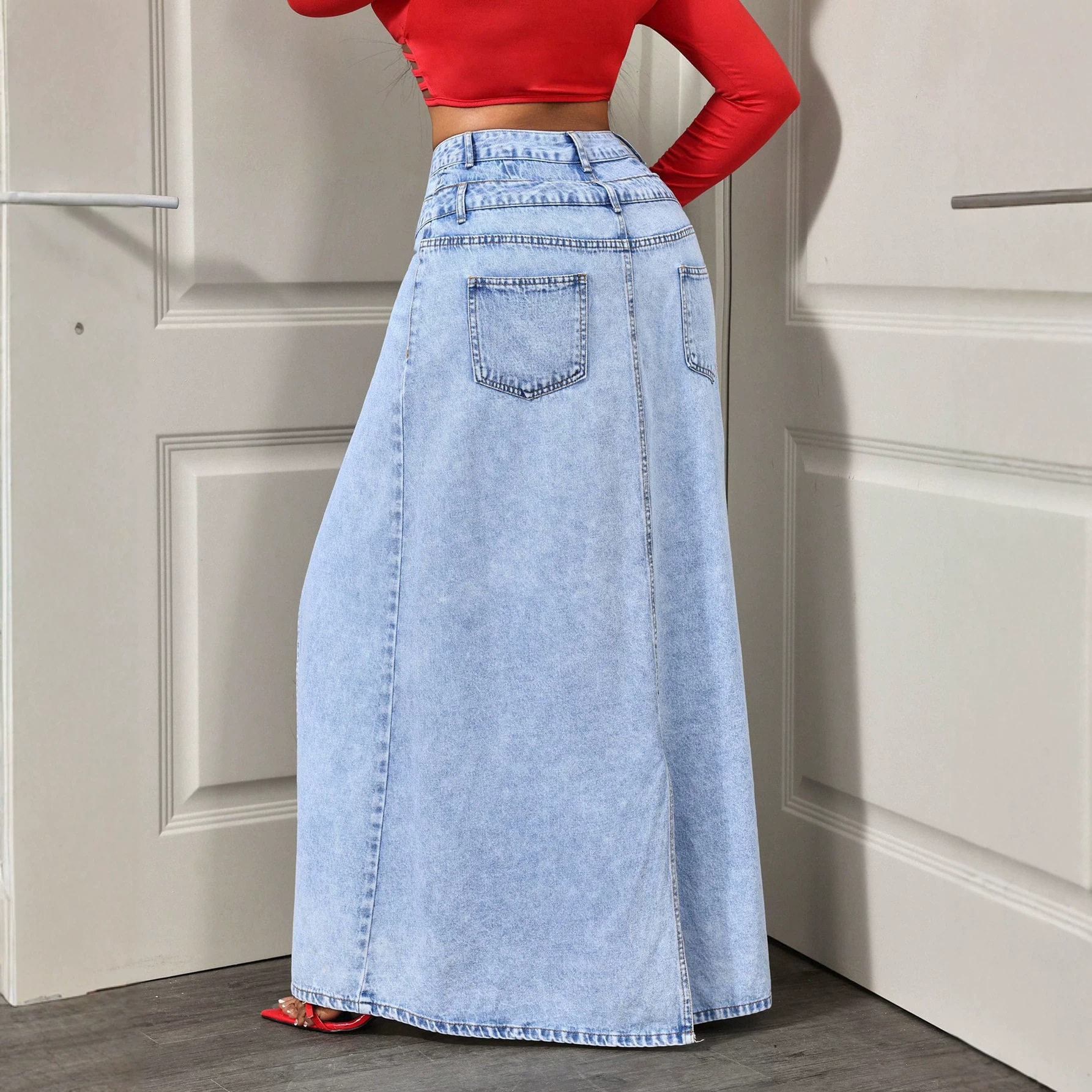 Double Layer High Waisted Split Hem Wide Leg Womens Denim Pants Stylish Comfortable Versatile Wholesale Available