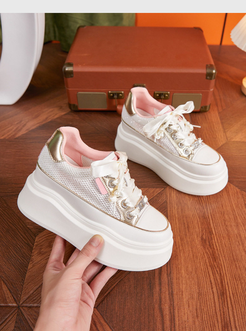 Giày sneaker nữ chunky đế dày trắng phối dây buộc phong cách platform — Trắng, Bột trắng chi tiết 15
