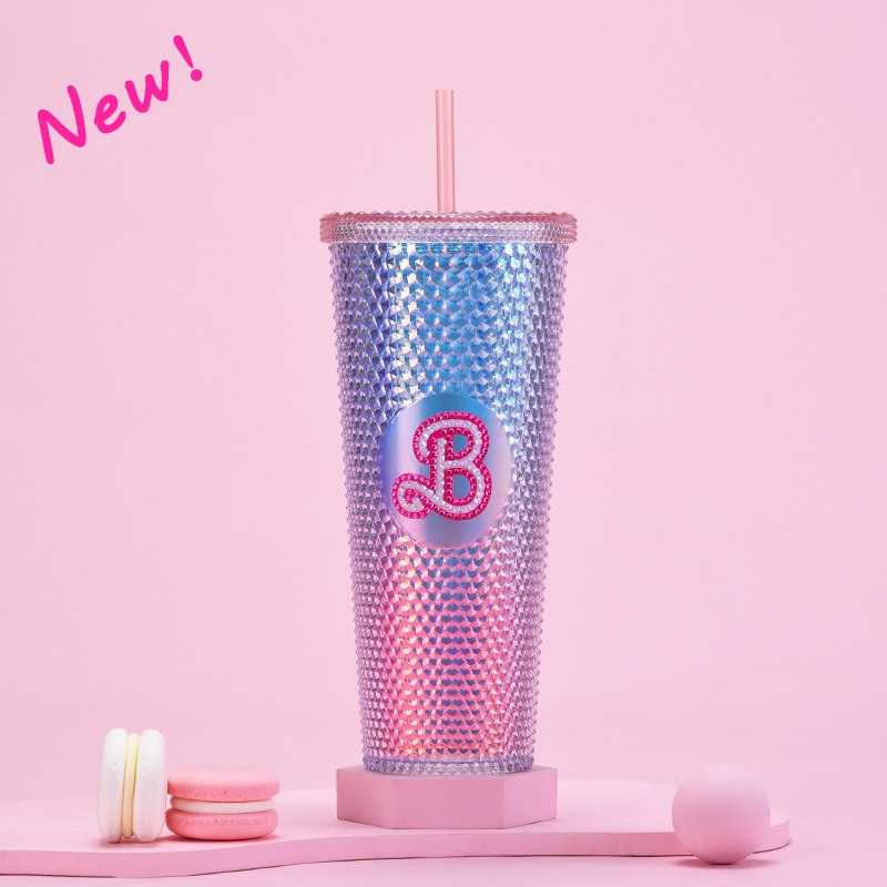 双层塑料吸管杯710ml大容量创意吸管杯扎手杯榴莲杯便携钻石杯