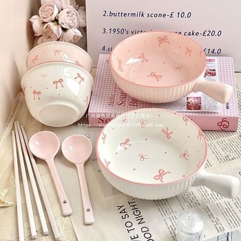 Cute Ins Bow Ceramic Handle Bowl Underglaze Color Rice Bowl Soup Bowl Set High-Looking Girl Household Tableware