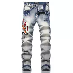 New Export Style Fashionable Blue Ripped Letter Embroider Stretch Mid-Waist Small Feet Men's Jeans 3621