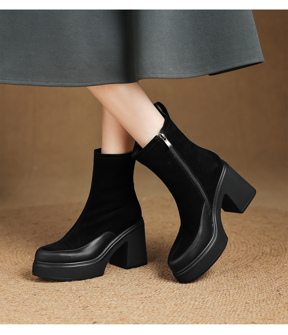 Boot nữ mũi nhọn phối da, cổ ngắn ôm chân, đế dày gót cao — Lớp lót đơn màu đen, Lót nhung đen