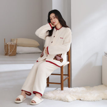 Maternity Pajamas for Autumn and Winter: Coral Fleece Maternity Sleepwear Set with Cute Cardigan, Adjustable and Warm Half-Fleece Loungewear