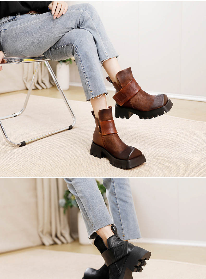 Boot Martin nữ da bò cổ ngắn gót thô khóa kéo bên — Màu cà phê, Màu đen