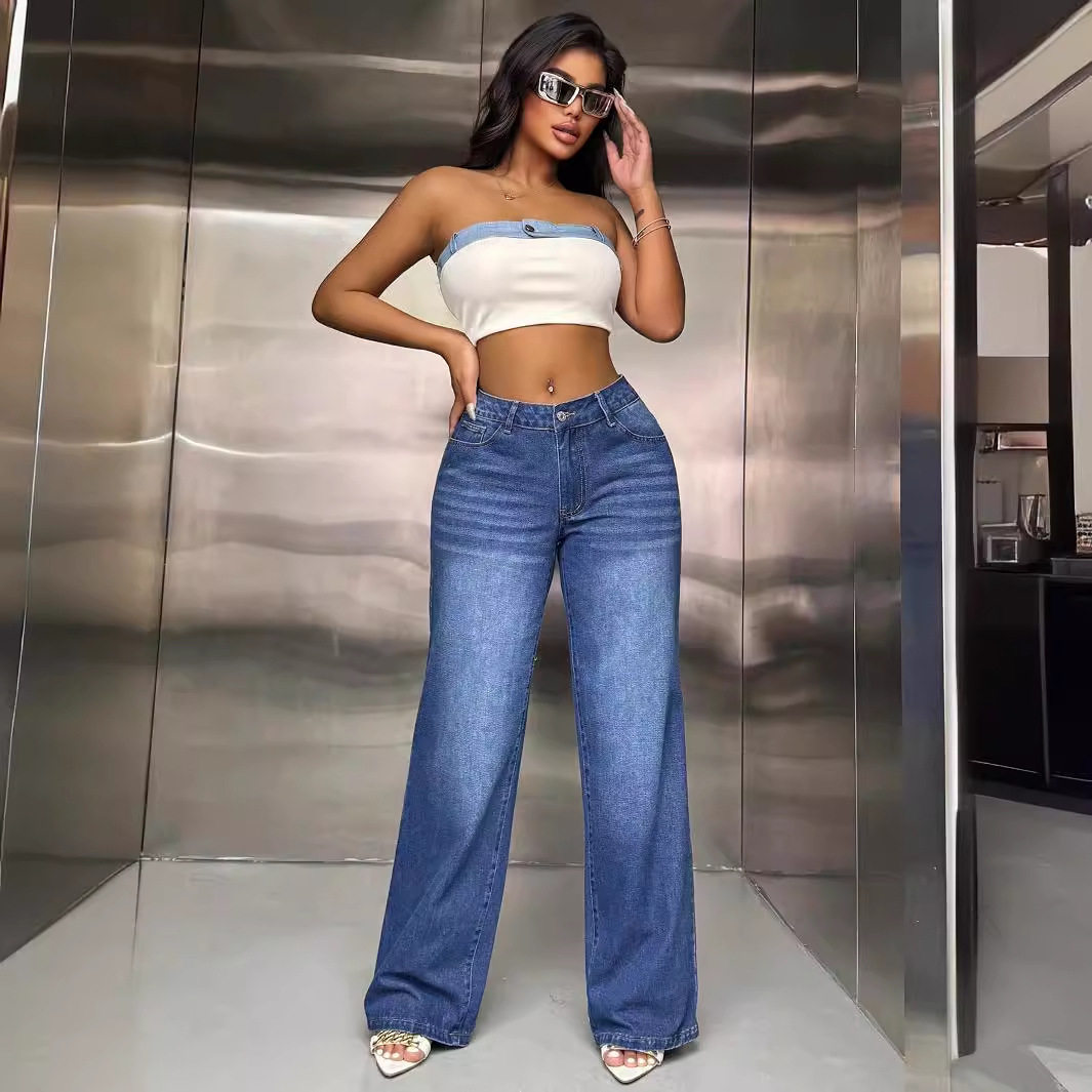 Wide Leg Denim Trousers Loose Fit High Waisted Flowy Design Casual Wear Street Style Wholesale Available