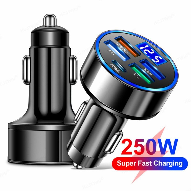 Car charger 5-port support super fast charging with digital display 5 in 1 1-drag 5-port with voltage car charger wholesale