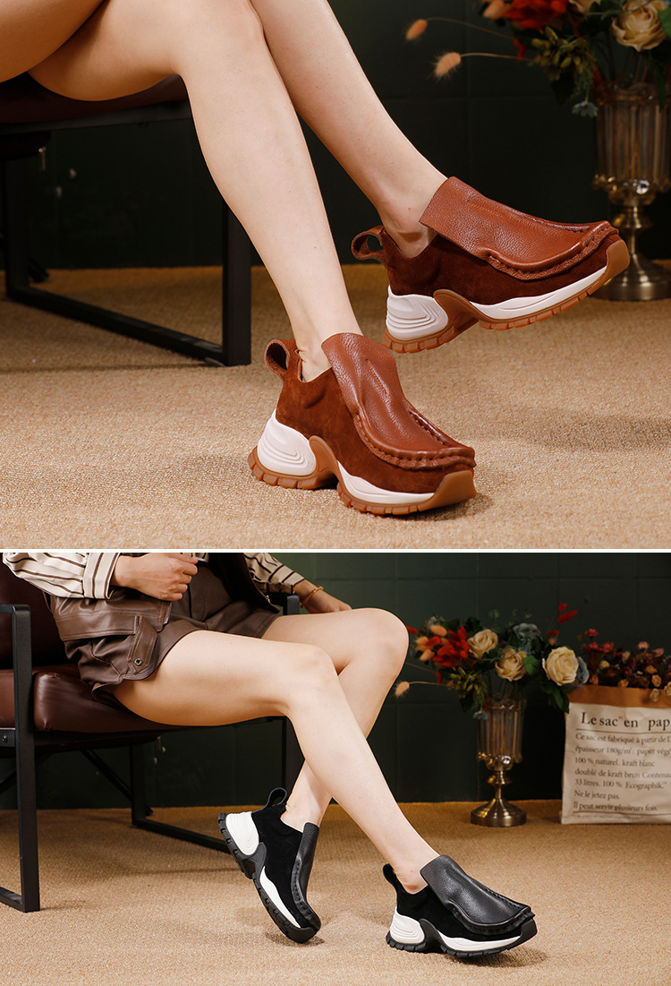 Giày sneaker nữ da bò thật đầu tròn gót vừa phong cách thanh lịch — đen, màu nâu