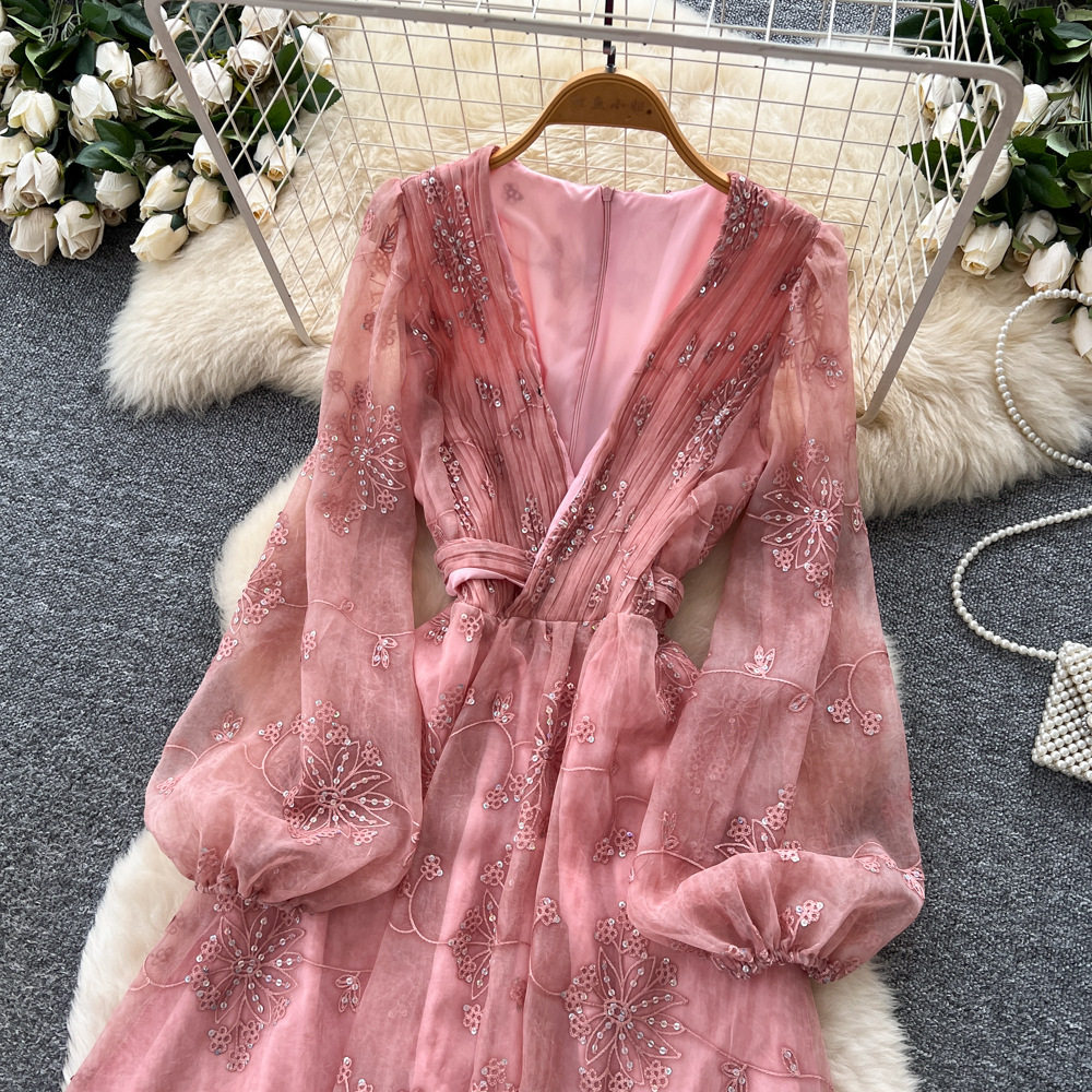 French Style Embroidered Sequin V Neck Lantern Sleeve Waist Defined Maxi Dress for Women Slim Fit Autumn Collection