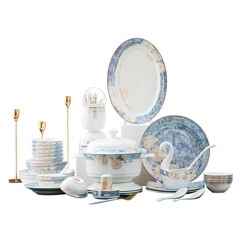 Jingdezhen Tableware Set Can Be Customized for Gift Giving DIY Modern Chinese Bone China Tableware Set Bowls and Plates Home Combination
