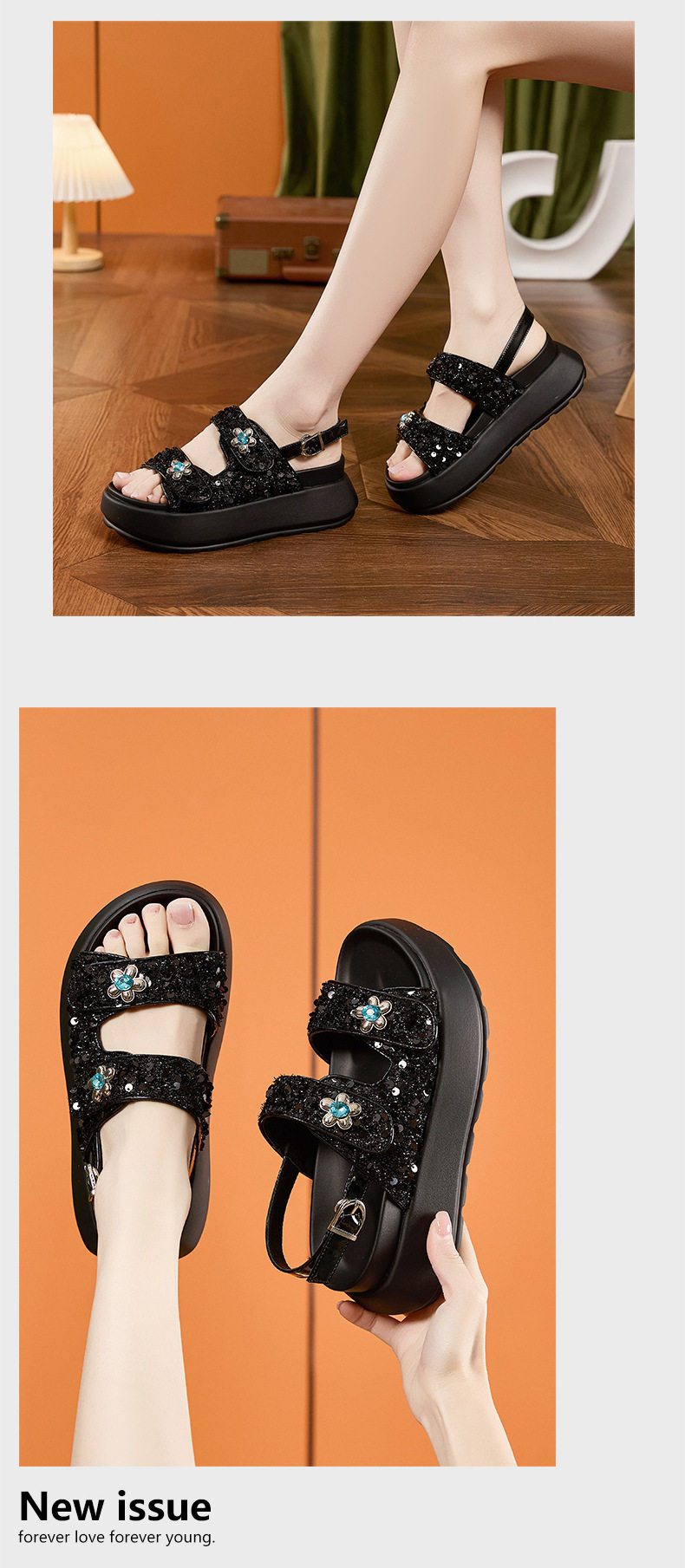 Sandal nữ quai chữ V đế dày chống trượt phong cách thành thị — Đen, Bạc chi tiết 13