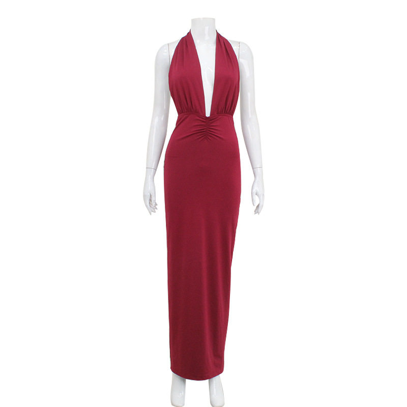Elegant Womens V Neck Halter Backless Dress Ruffled High Waist Solid Color Perfect for Parties and Special Occasions