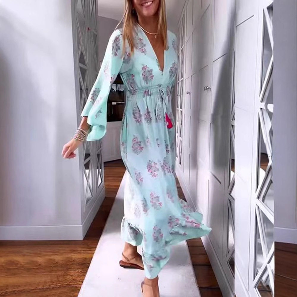 Casual Floral Print V Neck Long Sleeve Dress for Women Trendy Design Comfortable Fabric Versatile Style Wholesale