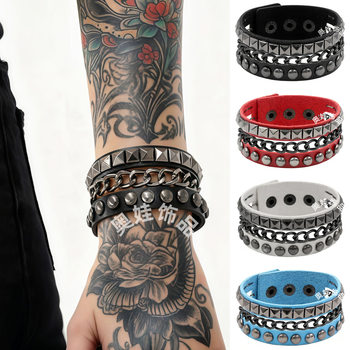 Eco-Friendly Pu Leather European and American Fashion Punk Bracelet Dark Black Square Rivet Bracelet Non-Mainstream Iron Chain Multi-Layer Bracelet