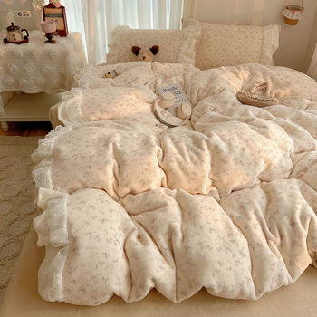 Winter Princess Style Milk Velvet Four-Piece Set, Category a Thickeneded Bed Bed Sheets, Quilt Cover, Coral Velvet Bed Skirt, Three-Piece Set for Girls