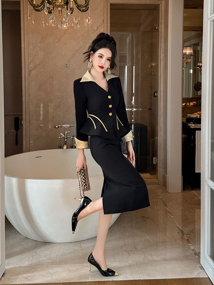 Bộ đầm nữ hai món áo khoác cổ chữ V thắt eo và chân váy ôm cạp cao — Màu đen