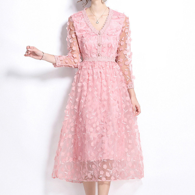 French Court Style V Neck Dress High End Embroidery Tulle Fabric Elegant Design Spring Autumn Evening Wear