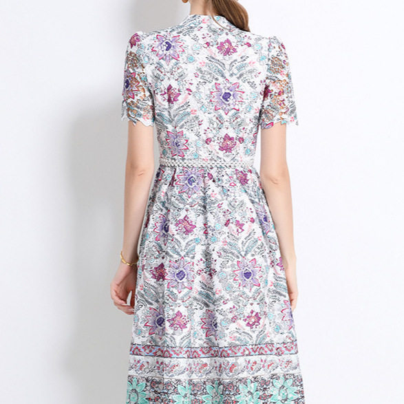 Elegant French Style Womens Dress Summer Collection Intricate Lace Hollow Out Design Button Closure Long Length
