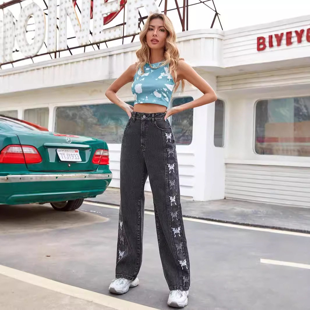 Vintage Gradient Butterfly Embroidery Denim Pants Womens Casual Style Versatile Fit Suitable for Daily Wear