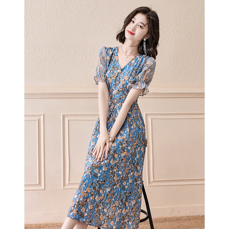 Váy Hoa Nhí Nữ Cổ chữ V Tay Ngắn dáng chữ A Xòe Thắt Eo Màu Xanh Dương
