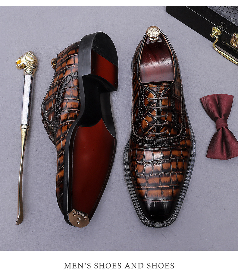 Giày Oxford nam da bò thật họa tiết kẻ sọc phong cách Anh Quốc — Xám xanh, Màu caramel