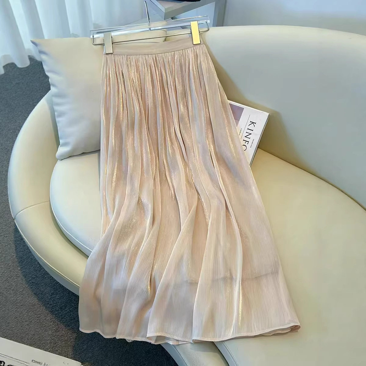 A Line Pleated Skirt Flattering Fit Lightweight Fabric Versatile Beige Color Spring Summer Fashion Wholesale