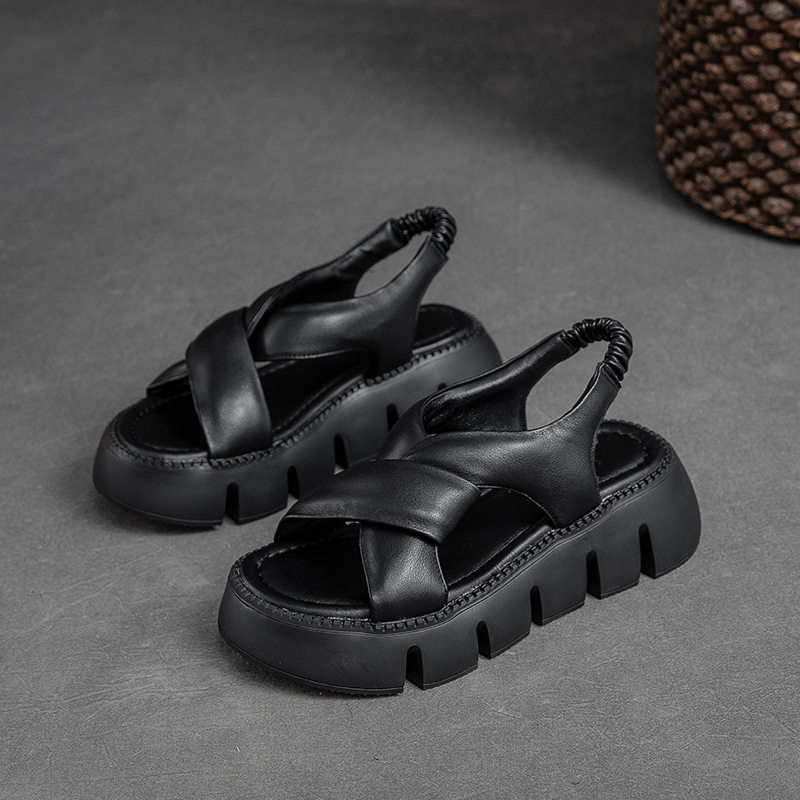 Dép Sandal Nữ Da Bò Quai Chéo Đế Cao 5cm - 6cm Màu Đen, Trắng, Nâu
