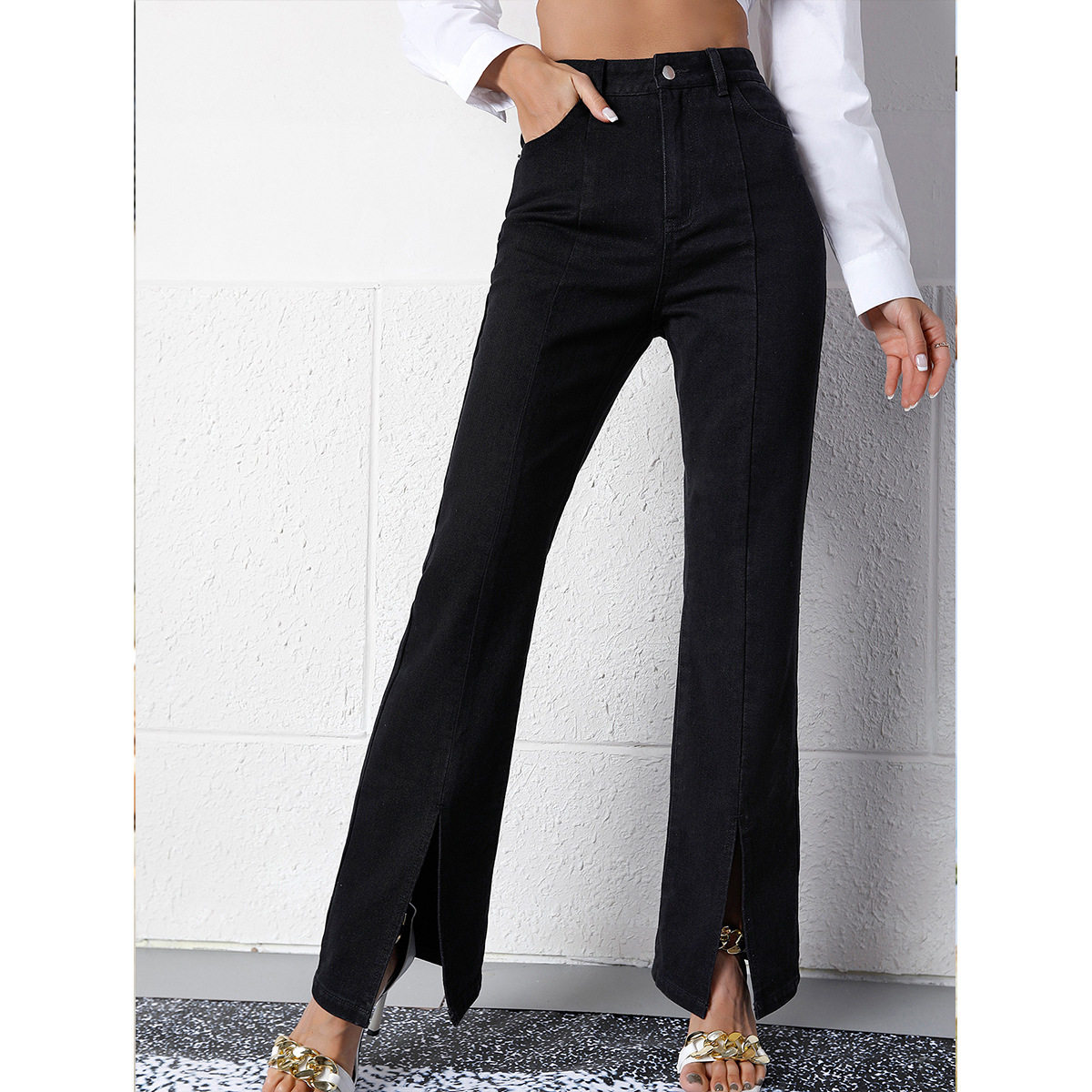 High Waisted Wide Leg Split Hem Jeans Casual Slim Fit Comfortable Fabric Womens Fashion Wholesale Available