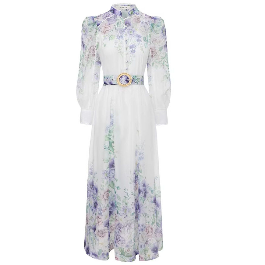 French Vacation Style Sweet Lace Trim Long Sleeve Dress for Women Tie Waist Elegant Flared Skirt Spring and Autumn Wear