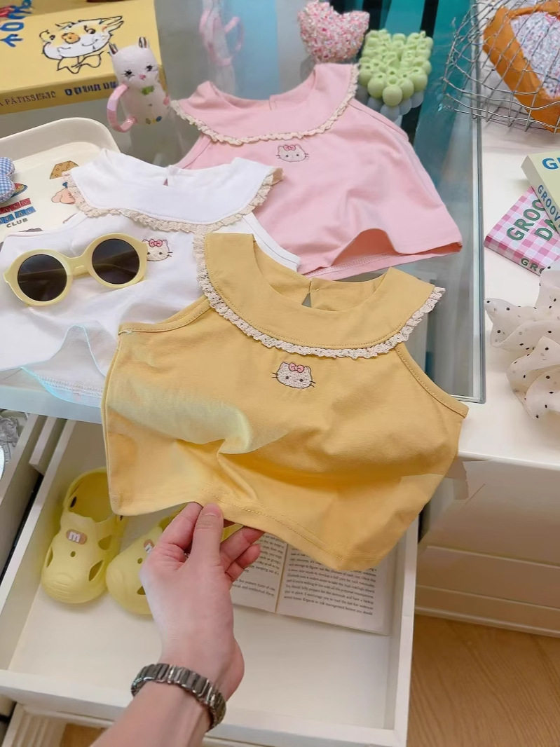 Atasan tanpa lengan super lucu viral serbaguna stylish manis anak perempuan musim panas, tank top bordir 100% katun