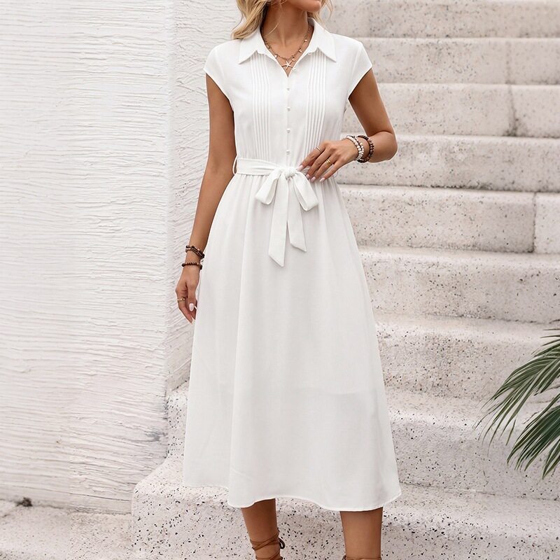 White Lapel Waist Tied Shirt Dress Minimalist Design Commuter Style Versatile Wear Wholesale Available