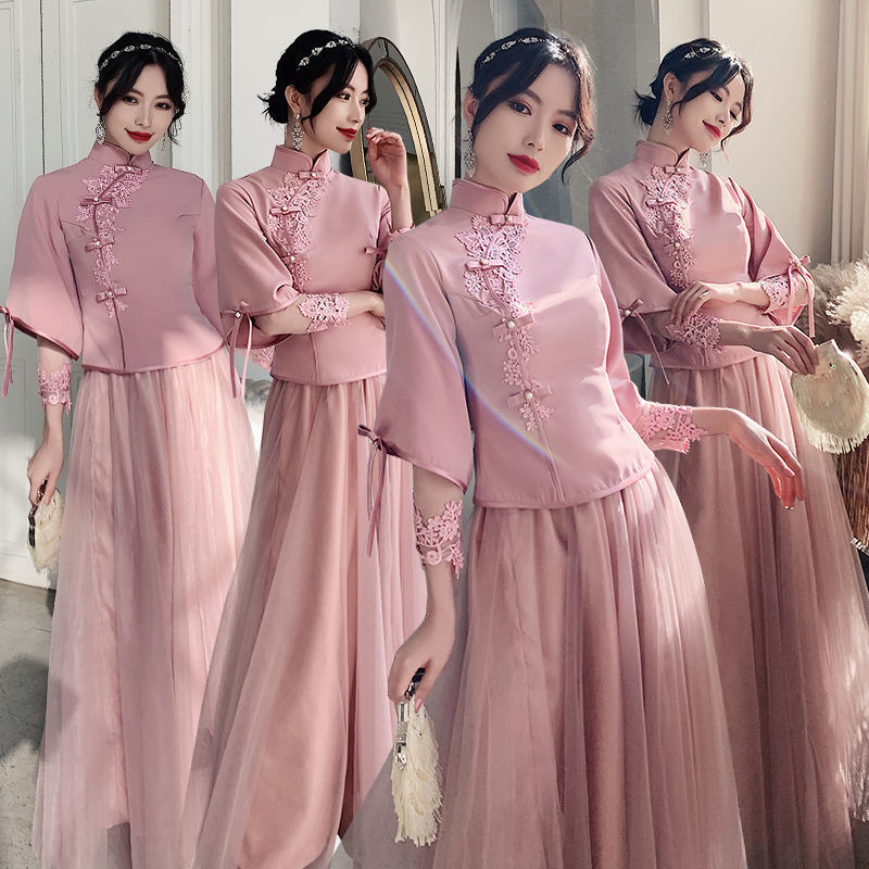 Bridesmaids Formal dress Long Model Elegant Temperament Usually Can Wear Honey Sisters Group Chinese style Retro Improve Cheongs 伴娘礼服长款优雅气质平时可穿闺蜜姐妹团中式复古改良旗袍婚纱 Bridesmaids Formal dress Long Model Elegant Temperament Usually Can Wear Honey Sisters Group Chinese style Retro Improve Cheongsam Wedding 