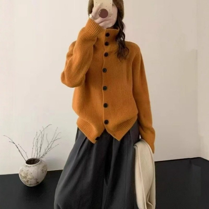 秋冬高领毛衣开衫外套女慵懒风宽松复古单排扣韩版针织衫外套上衣