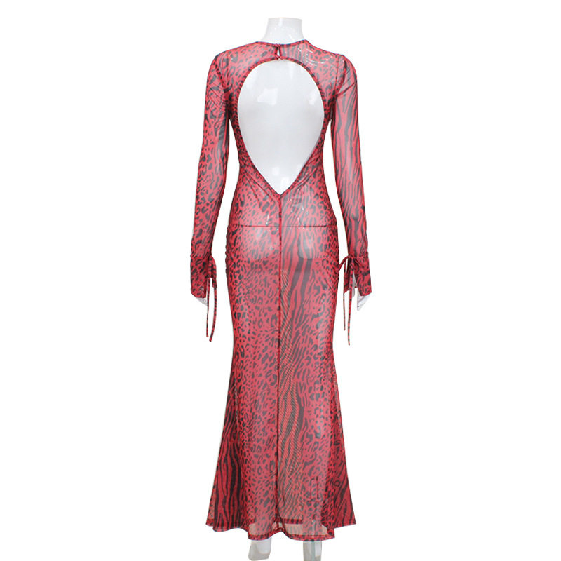 Red Leopard Print Mermaid Dress Sexy Backless Design Round Neck Elegant Style Perfect for Parties Wholesale